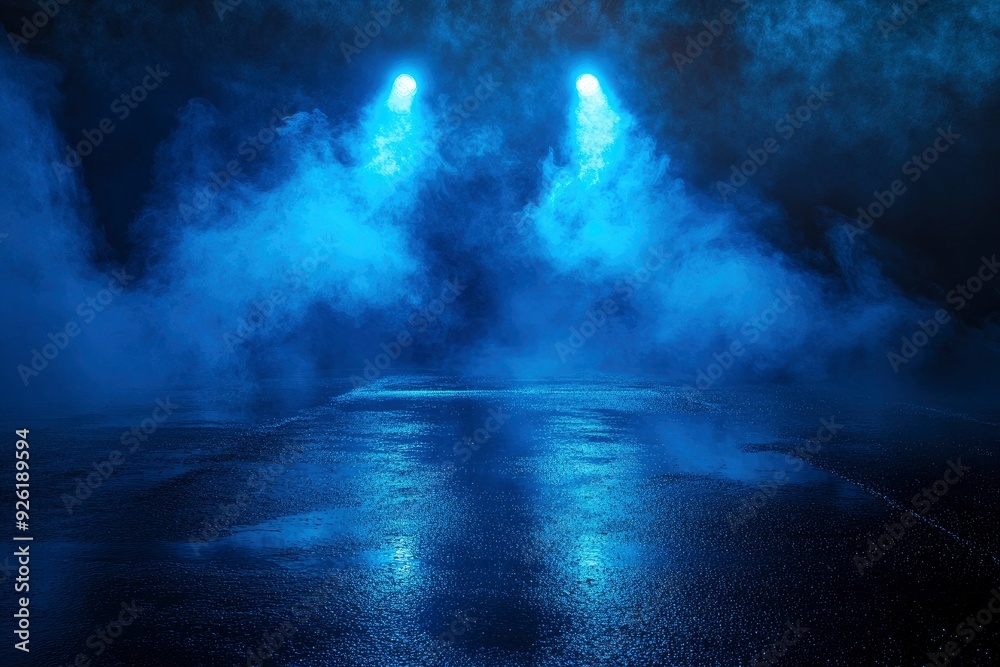 Rays searchlight light blue neon . Dark empty scene with smoke. Reflections on wet asphalt , ai Rays searchlight light blue neon . Dark empty scene with smoke. Reflections on wet asphalt , ai