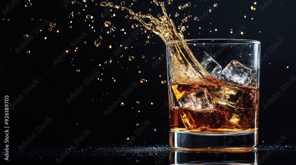Glass of whiskey or other alcohol with ice cubes, featuring a splash effect, isolated against a black background. Glass of whiskey or other alcohol with ice cubes, featuring a splash effect, isolated against a black background.