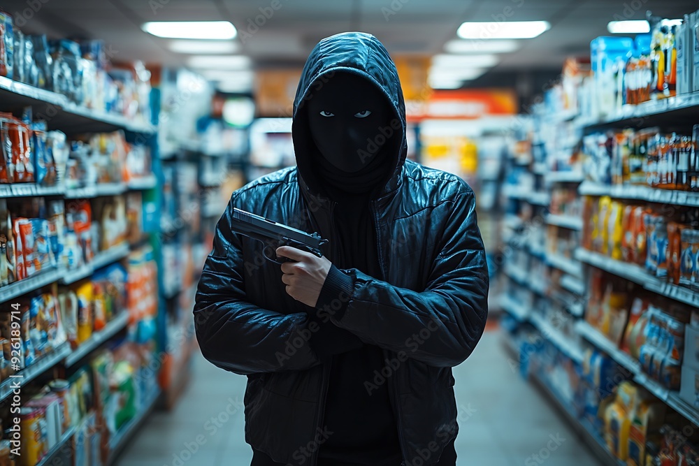 Obraz premium A tense moment captured in a convenience store as a masked individual brandishes a handgun, creating a high-stakes robbery scenario