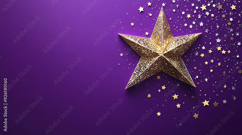 Shimmering Star in 3D Paper Cut Style on Purple Background - Silver and Gold Color Palette | Flat Lay Perspective Shimmering Star in 3D Paper Cut Style on Purple Background - Silver and Gold Color Palette | Flat Lay Perspective