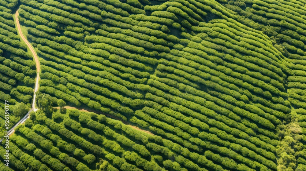 Fototapeta premium Top-down view of a tea tree field with a well-defined, organized pattern of rows