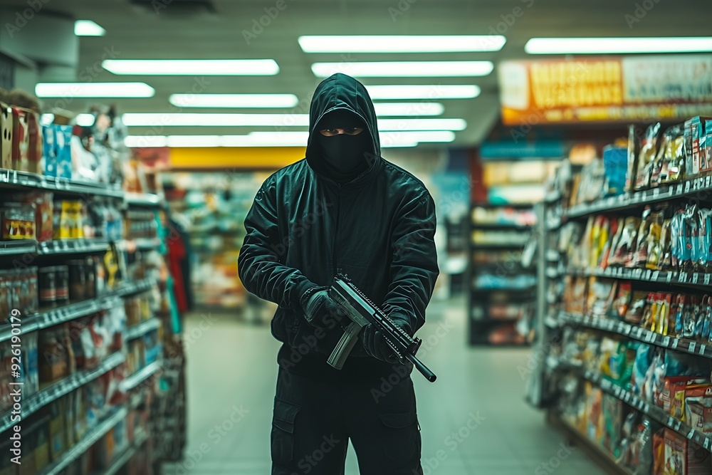 A tense moment captured in a convenience store as a masked individual brandishes a handgun, creating a high-stakes robbery scenario A tense moment captured in a convenience store as a masked individual brandishes a handgun, creating a high-stakes robbery scenario