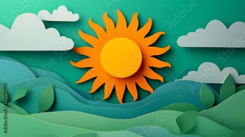 Vibrant 3D Paper Cut Sun with Rays on Green Background - Flat Lay Concept in Orange and Yellow Tones