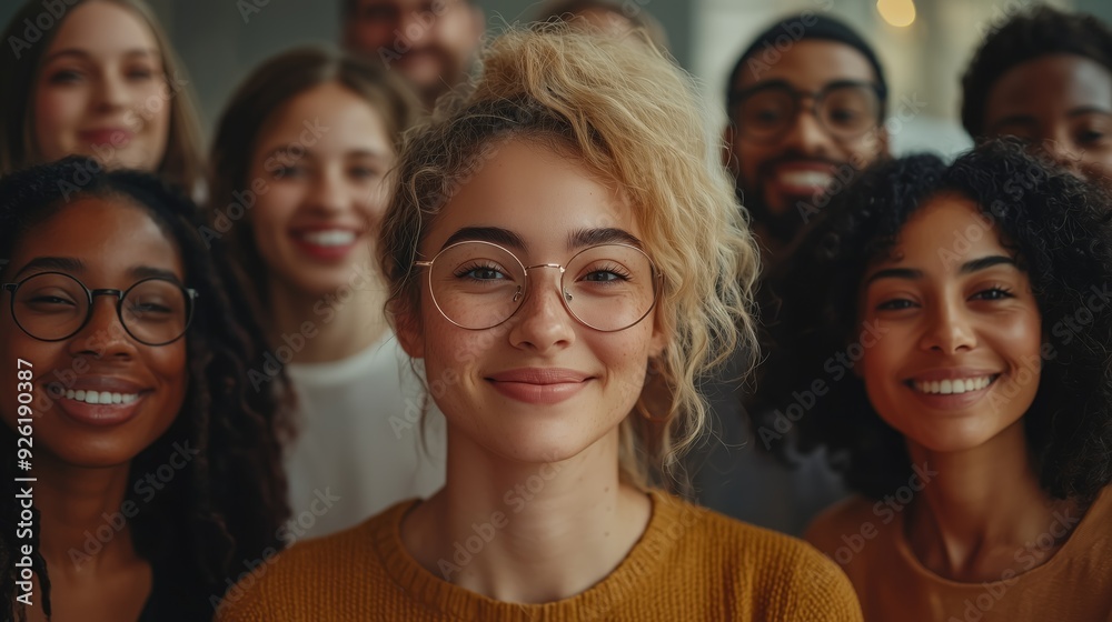 Obraz premium A diverse group of friends smile warmly for the camera, standing close together and radiating positivity and friendship in a close-knit group.
