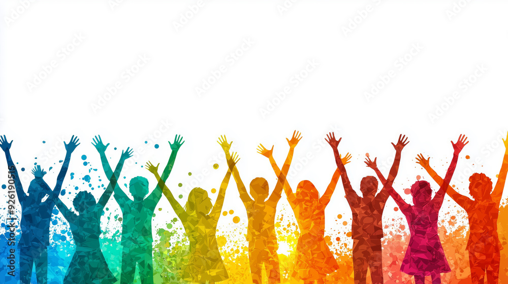 Silhouettes of people in vibrant colors raise their arms in celebration, symbolizing unity and diversity in a joyful and inclusive atmosphere. Silhouettes of people in vibrant colors raise their arms in celebration, symbolizing unity and diversity in a joyful and inclusive atmosphere.