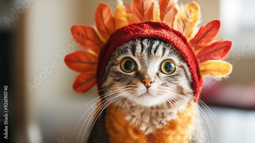 A cute cat wearing an adorable turkey costume. Thanksgiving