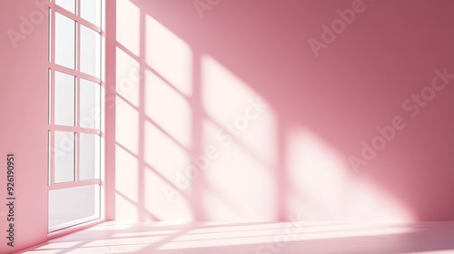 Wall interior background, studio and backdrops show products.with shadow from window color pink background. Generative ai