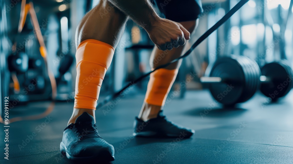 Fototapeta premium Athlete performing rehabilitation exercises with resistance bands, focused on strengthening the knee joint, modern gym background, knee joint recovery, rehabilitation
