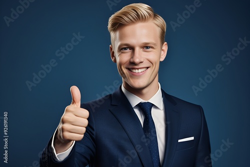 Portrait of a Male in Tailored Suit Giving Thumbs Up with Infectious Smile Against Deep Blue Background