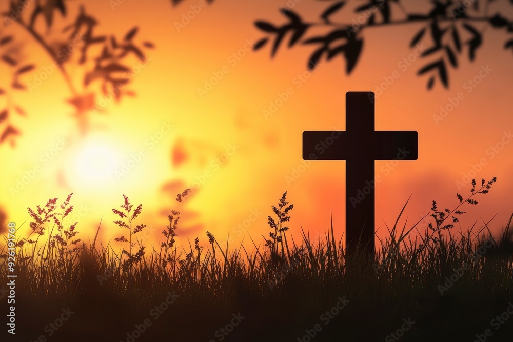 Silhouette christian cross on grass in sunrise background , ai Silhouette christian cross on grass in sunrise background , ai