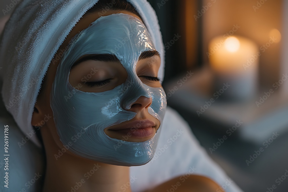 Close-up of a woman with a facial mask relaxing at a spa, highlighting skincare, relaxation, and wellness Close-up of a woman with a facial mask relaxing at a spa, highlighting skincare, relaxation, and wellness
