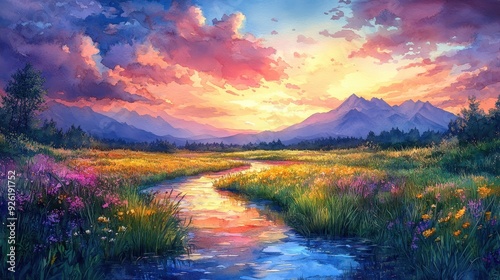 Dreamlike Watercolor Fantasy - Surreal Landscape with Vibrant Hues Blending Dreams and Reality