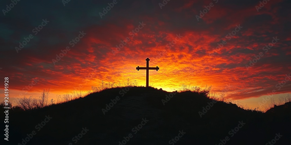 Obraz premium Silhouette of Cristian cross wood on top of hill at sunset , ai