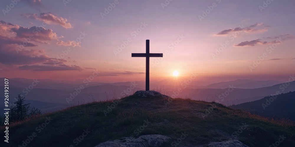 Silhouette of Cristian cross wood on top of hill at sunset , ai Silhouette of Cristian cross wood on top of hill at sunset , ai