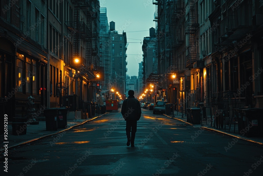 A lone individual walks down an empty street in the heart of a city at dusk. The buildings loom overhead, and the streetlights begin to flicker on, casting long shadows. The scene conveys a feeling A lone individual walks down an empty street in the heart of a city at dusk. The buildings loom overhead, and the streetlights begin to flicker on, casting long shadows. The scene conveys a feeling