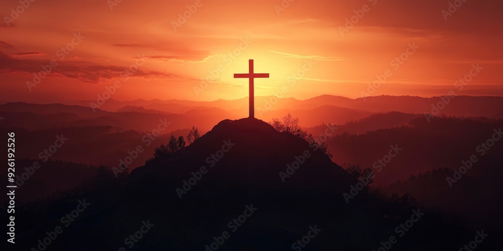 Silhouette of Cristian cross wood on top of hill at sunset , ai Silhouette of Cristian cross wood on top of hill at sunset , ai