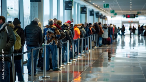 A long line of passengers waited at an airport gate