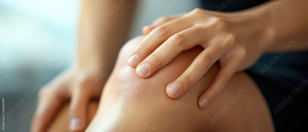 Closeup of hands massaging a knee with visible muscle layers, representing deep tissue therapy for joint recovery, knee joint recovery, massage therapy Closeup of hands massaging a knee with visible muscle layers, representing deep tissue therapy for joint recovery, knee joint recovery, massage therapy