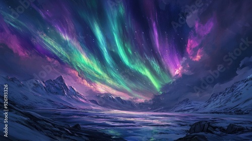 Northern Lights painting the sky with bright greens and purples, creating a mesmerizing light show over a serene, snowy landscape.