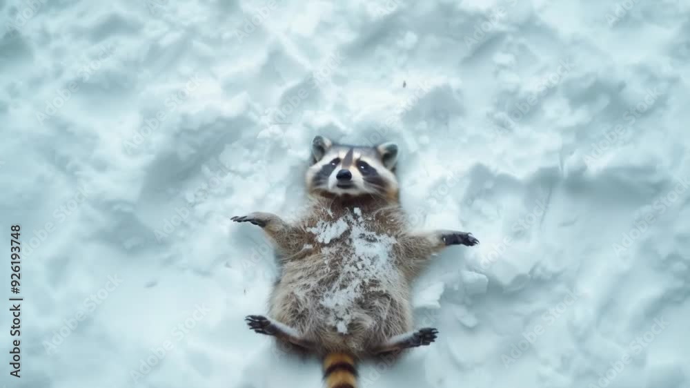 a raccoon lying in the snow. It appears to be a young raccoon with a long bushy tail.