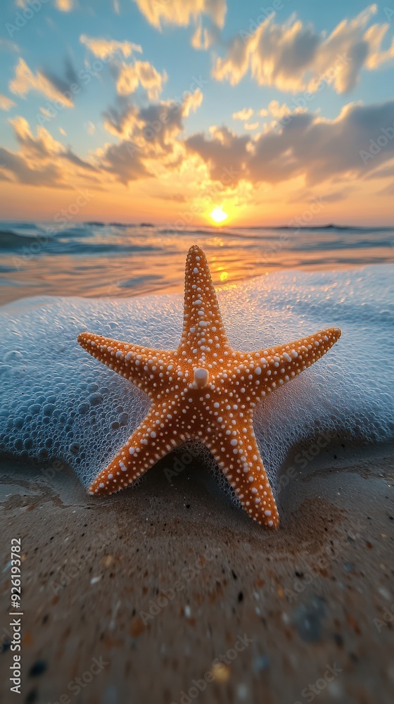 Starfish on golden sand at sunset with blurred sea background Starfish on golden sand at sunset with blurred sea background