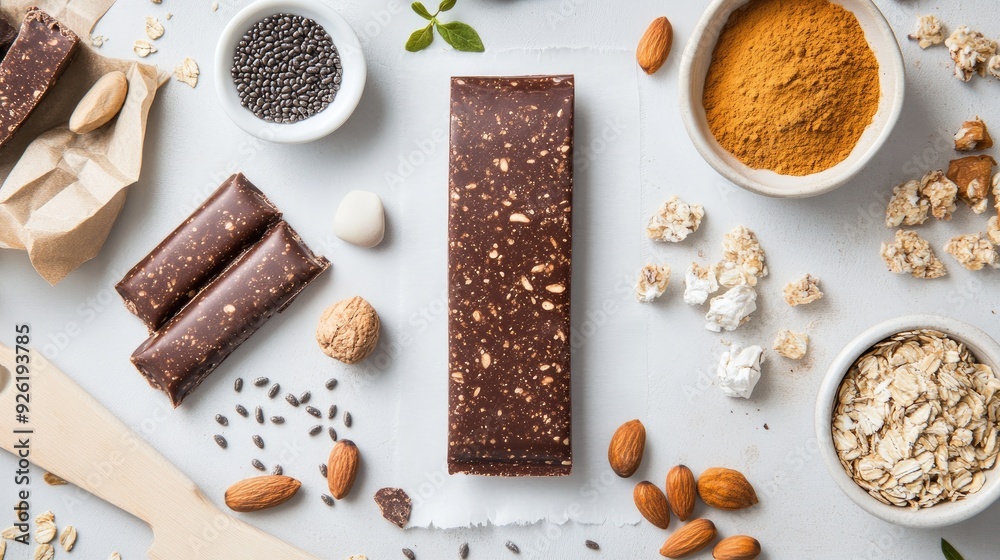 Overhead flat lay of an energy protein bar packaging template, surrounded by ingredients and props, showcasing design details.
