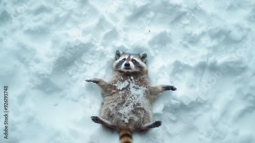 Wallpaper Mural a raccoon lying in the snow. It appears to be a young raccoon with a long bushy tail. Torontodigital.ca