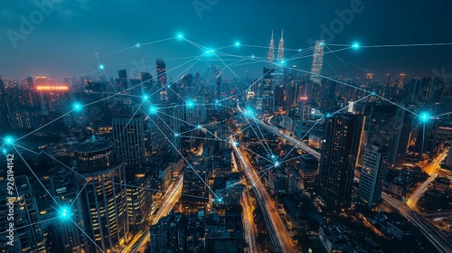 Wallpaper Mural Overlaying a busy metropolitan skyline is a global media link, signifying the sophisticated 5G network connectivity and fast internet that drive contemporary business and communication. Torontodigital.ca