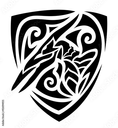 Heraldic tribal tattoo art with pterodactyl head