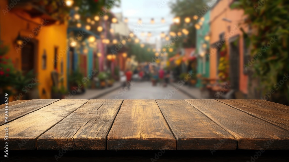Rustic table top set against a background of a lively Mexican street scene, blurred to highlight the wooden surface. Rustic table top set against a background of a lively Mexican street scene, blurred to highlight the wooden surface.