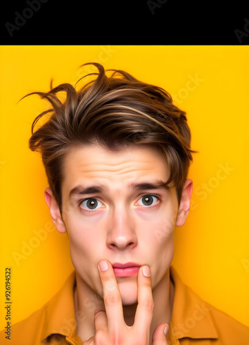 Portrait of Caucasian young man looking furious, while putting his fingers on his lips makes him look more intrigued. Isolated on yellow background. 