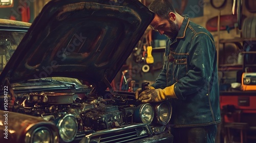 Wallpaper Mural 5. "A car repairman with grease-stained hands, examining the open hood of a classic car, surrounded by vintage car parts and tools Torontodigital.ca