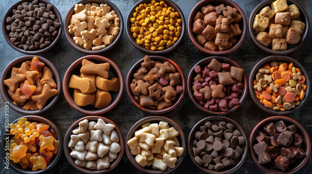 Neatly Arranged Assortment of Tasty Snacks in Bowls on Dark Background Neatly Arranged Assortment of Tasty Snacks in Bowls on Dark Background
