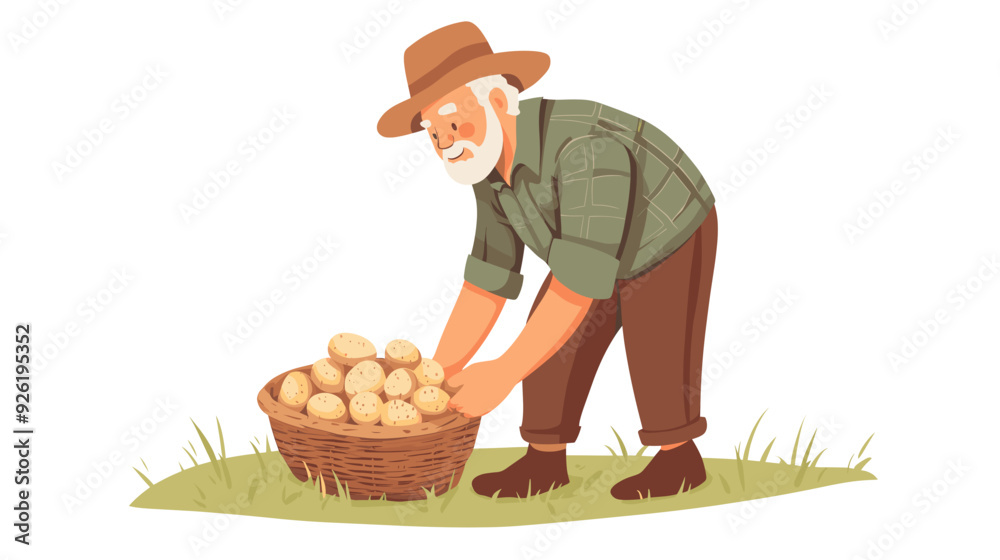 elderly man harvesting potatoes, vector illustration in a flat cartoon design, white background. activity lifestyle concept. Growing fresh vegetables at home. Homegrown food. Senior man gardening. elderly man harvesting potatoes, vector illustration in a flat cartoon design, white background. activity lifestyle concept. Growing fresh vegetables at home. Homegrown food. Senior man gardening.