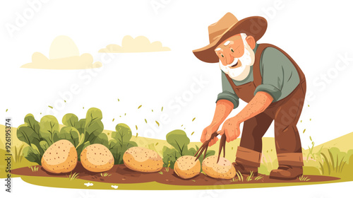 elderly man harvesting potatoes, vector illustration in a flat cartoon design, white background. activity lifestyle concept. Growing fresh vegetables at home. Homegrown food. Senior man gardening.