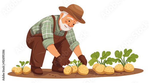 elderly man harvesting potatoes, vector illustration in a flat cartoon design, white background. activity lifestyle concept. Growing fresh vegetables at home. Homegrown food. Senior man gardening.
