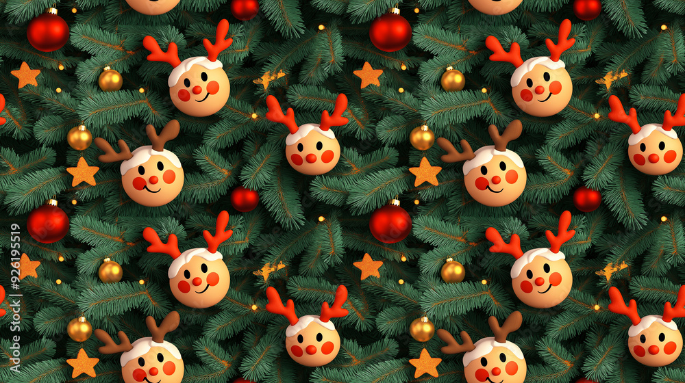 seamless wallpaper with decorated fir branches and reindeer heads in illustration