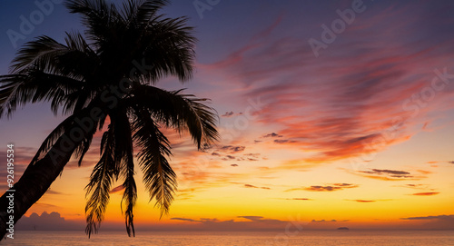 a palm and a sunset in the pacific ocean