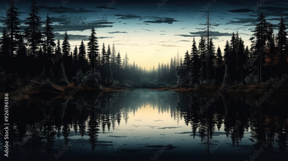 Artistic silhouette of a dense forest reflecting on a tranquil lake, Artistic silhouette of a dense forest reflecting on a tranquil lake,
