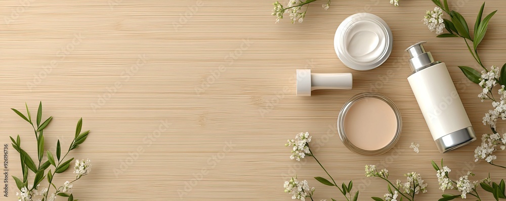elegant 3d flat lay of skincare beauty products with empty space for text on light brown wood background elegant 3d flat lay of skincare beauty products with empty space for text on light brown wood background