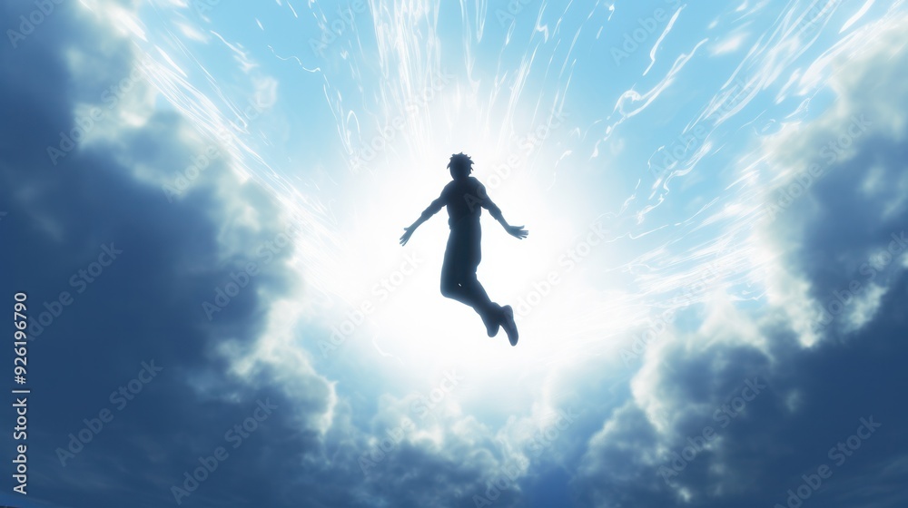 Dark silhouette of an individual leaping upward with a clear blue sky and fluffy white clouds Dark silhouette of an individual leaping upward with a clear blue sky and fluffy white clouds