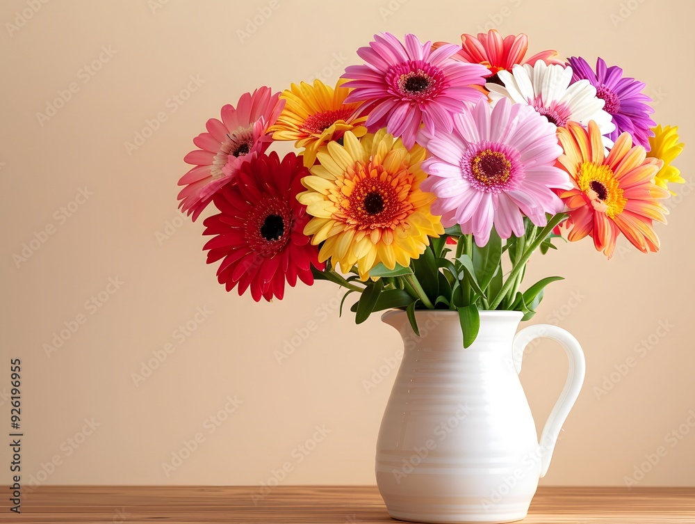 white vase with colorful flowers on the table against a light background white vase with colorful flowers on the table against a light background
