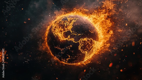 Fototapeta Naklejka Na Ścianę i Meble -  3D portrayal of Earth engulfed in flames with fiery inferno and crumbling continents showing the end of life on the planet
