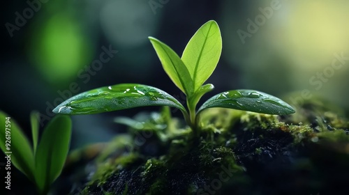  A tight shot of a tiny green plant, its leaves dotted with water droplets, atop a mossy surface