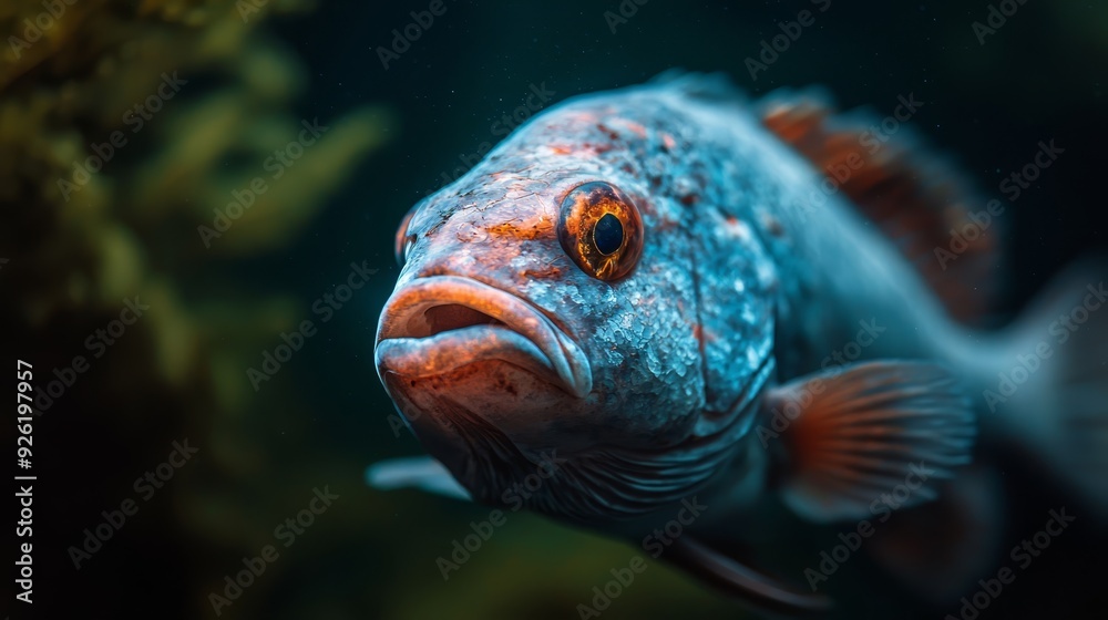 A tight shot of a fish in an aquarium, gazing intently at the camera A tight shot of a fish in an aquarium, gazing intently at the camera