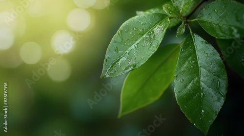  Close-up of a green leaf with dewdrops, background softly blurred with green leaves