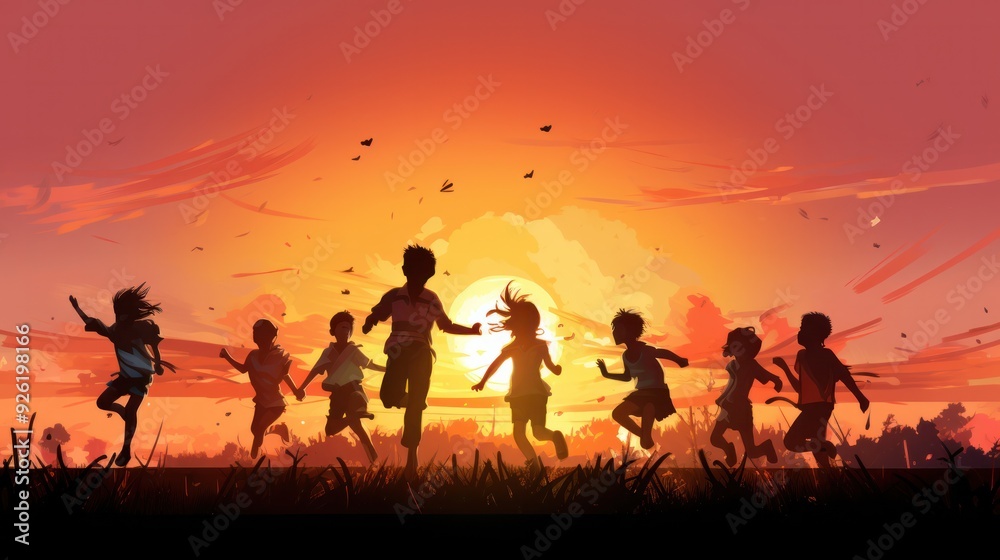 Silhouette of a group of children jumping and playing together on a grassy field during sunset, Silhouette of a group of children jumping and playing together on a grassy field during sunset,