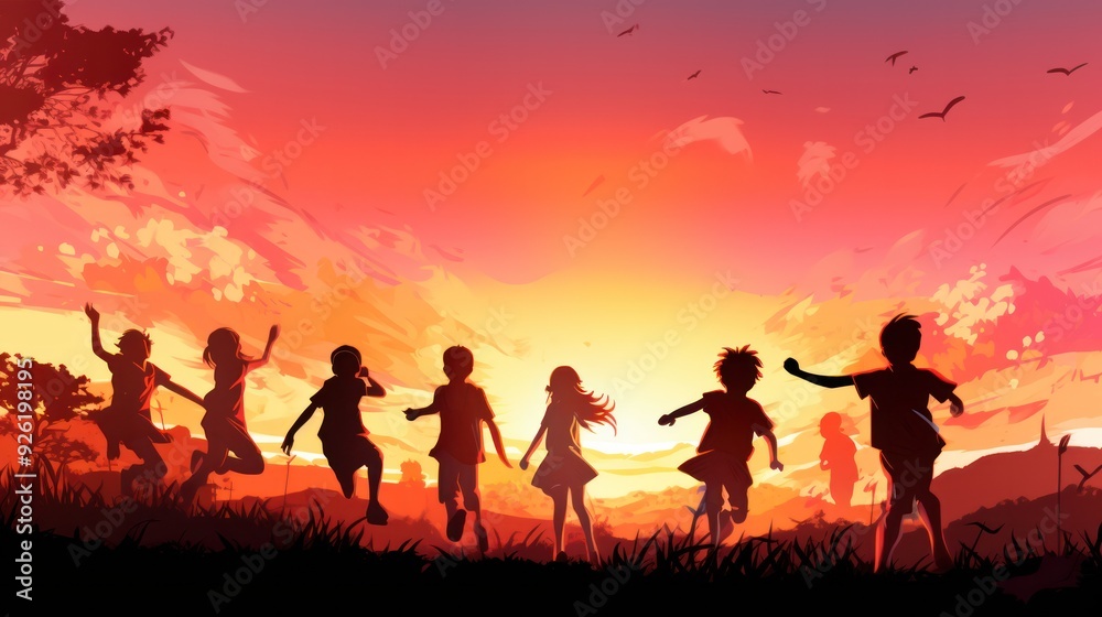 Silhouette of a group of children jumping and playing together on a grassy field during sunset, Silhouette of a group of children jumping and playing together on a grassy field during sunset,