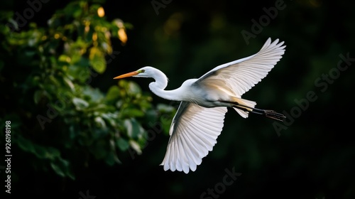  A white bird with a yellow beak flies against a backdrop of trees Leaves dot the forest floor in the foreground photo