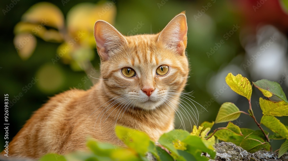 A tight shot of a feline in a bush, gazing at the camera with a solemn expression A tight shot of a feline in a bush, gazing at the camera with a solemn expression